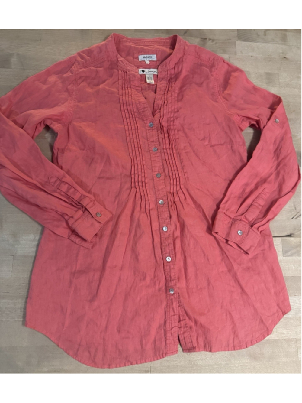 MALVIN Salmon Pink 100% Linen Eyelet Pleated Button Up Blouse Shirt Size L